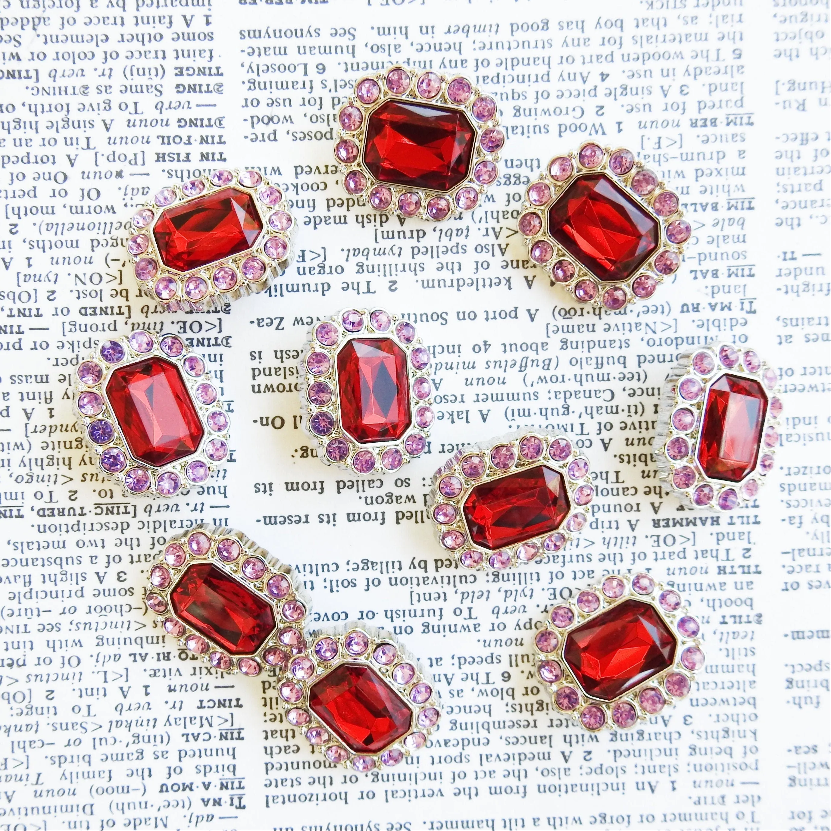 Set of 10 Large Red Rhinestone buttond (30mm)