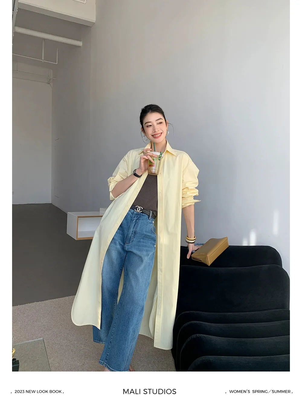 Side-Slit Long Shirt Dress