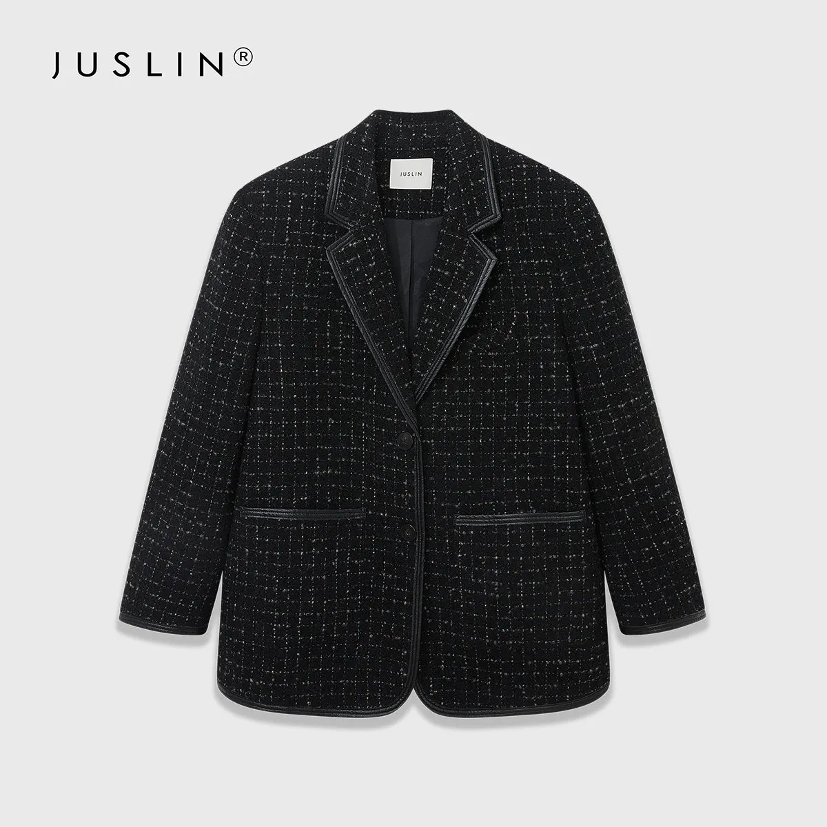 Slightly Wide Shoulder Plaid Tweed Blazer