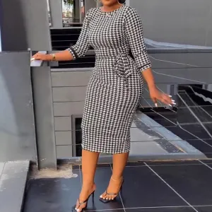 Sophisticated Black and White Plaid Bodycon Dress for Effortless Office Chic