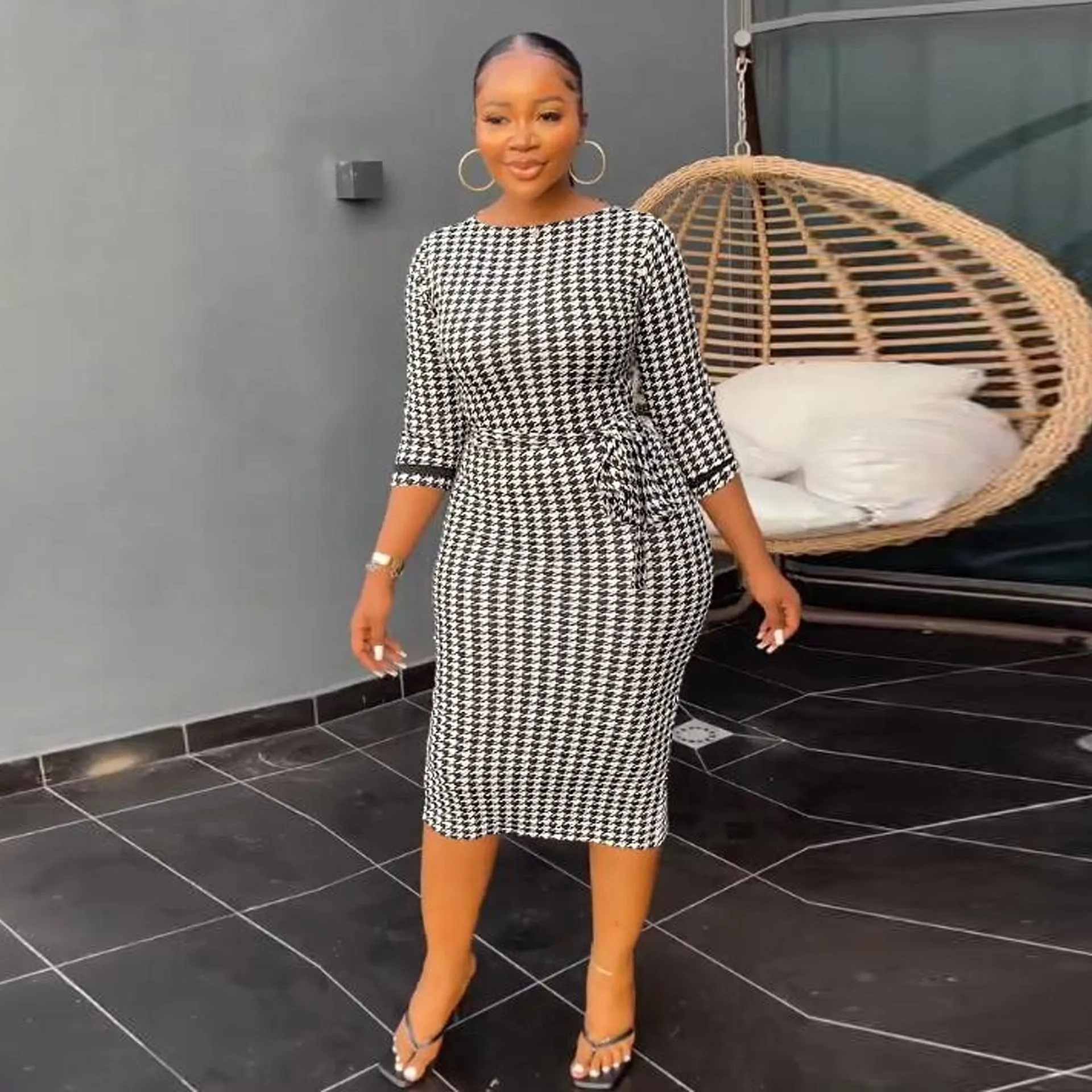 Sophisticated Black and White Plaid Bodycon Dress for Effortless Office Chic