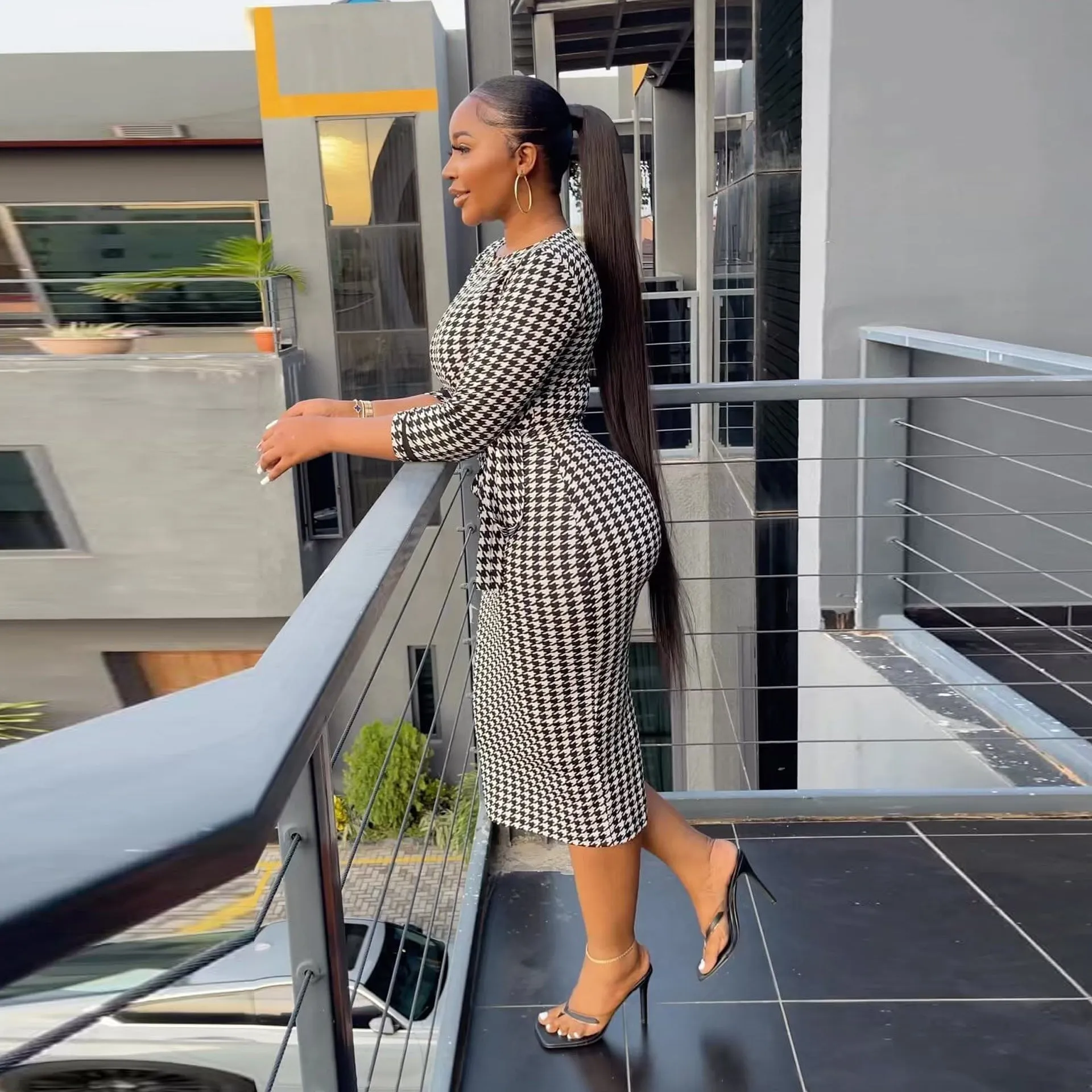 Sophisticated Black and White Plaid Bodycon Dress for Effortless Office Chic