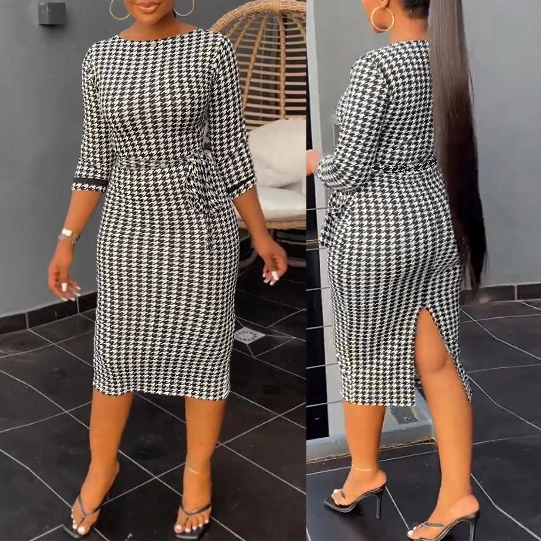 Sophisticated Black and White Plaid Bodycon Dress for Effortless Office Chic