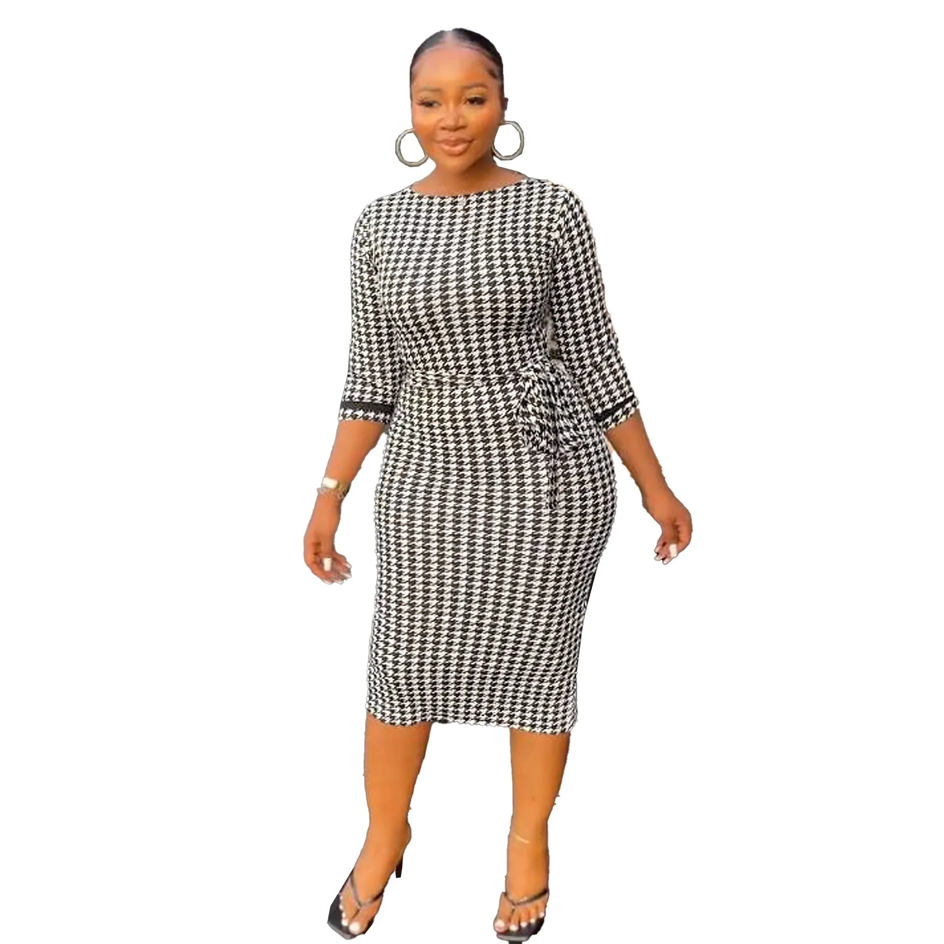 Sophisticated Black and White Plaid Bodycon Dress for Effortless Office Chic