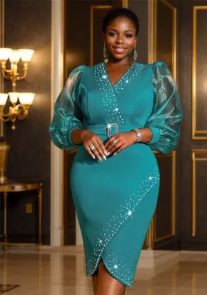Sophisticated High-Waist See-Through Puff Sleeve Midi Dress with V-Neck Elegance