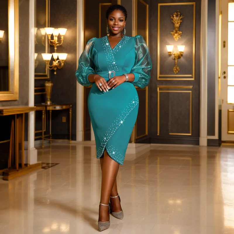 Sophisticated High-Waist See-Through Puff Sleeve Midi Dress with V-Neck Elegance