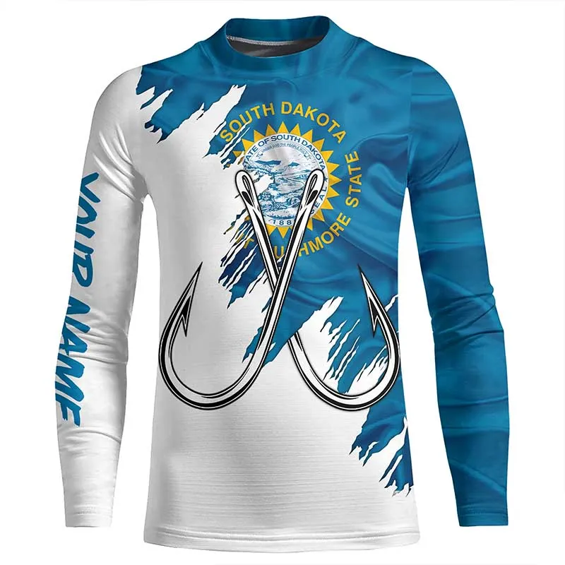 South Dakota flag SD Fishing Fish Hook UV protection custom Patriotic Kid Long Sleeve Fishing Shirts NQS8017