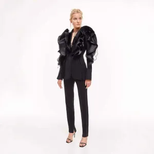 Special Interest Design High Grade Goddess Black Three Dimensional Patchwork Ruffled Blazers Asymmetric Slim Fit Thin Looking Blazers