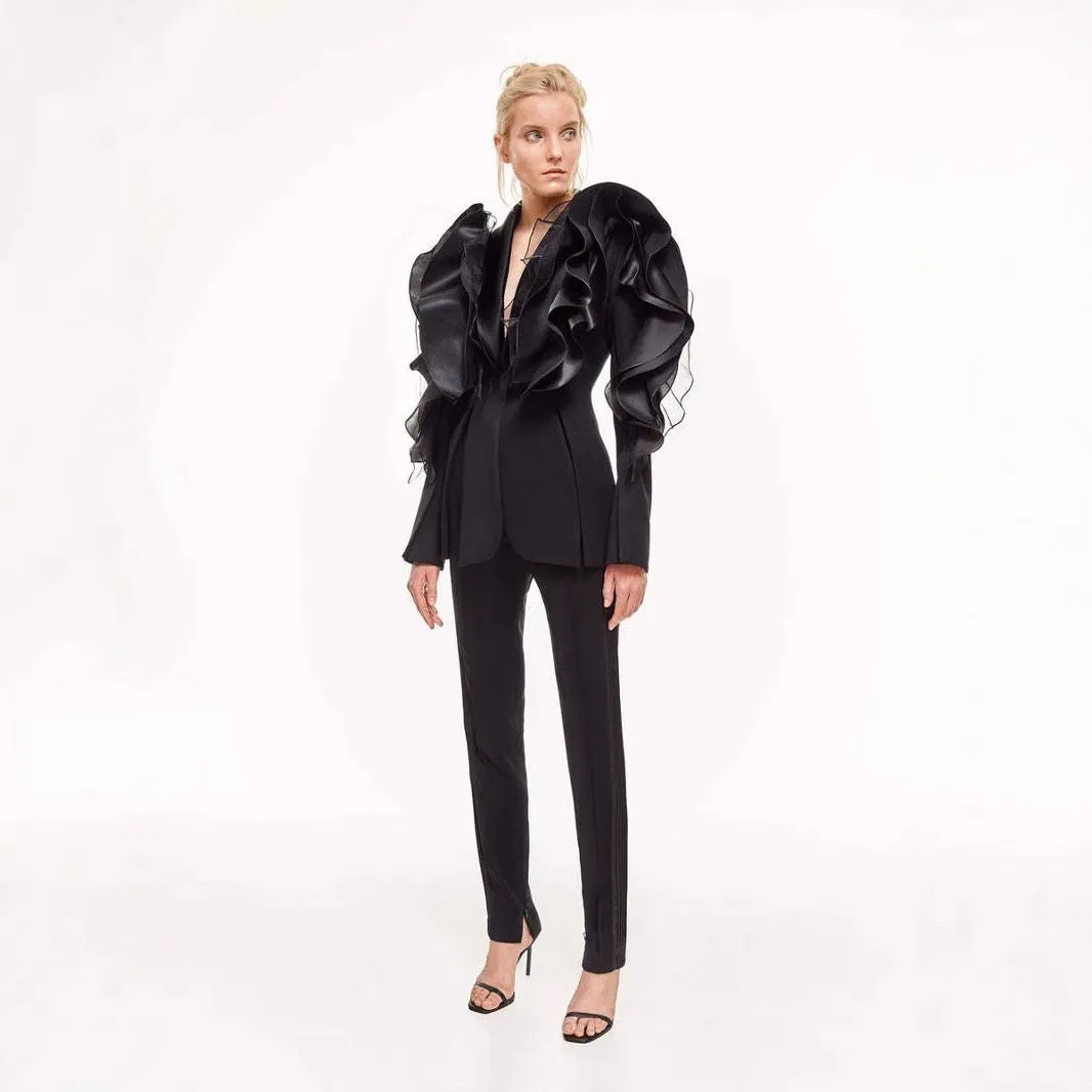 Special Interest Design High Grade Goddess Black Three Dimensional Patchwork Ruffled Blazers Asymmetric Slim Fit Thin Looking Blazers