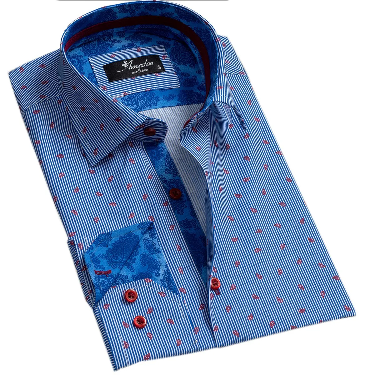 Striped Blue & White Mens Slim Fit Designer Dress Shirt - tailored