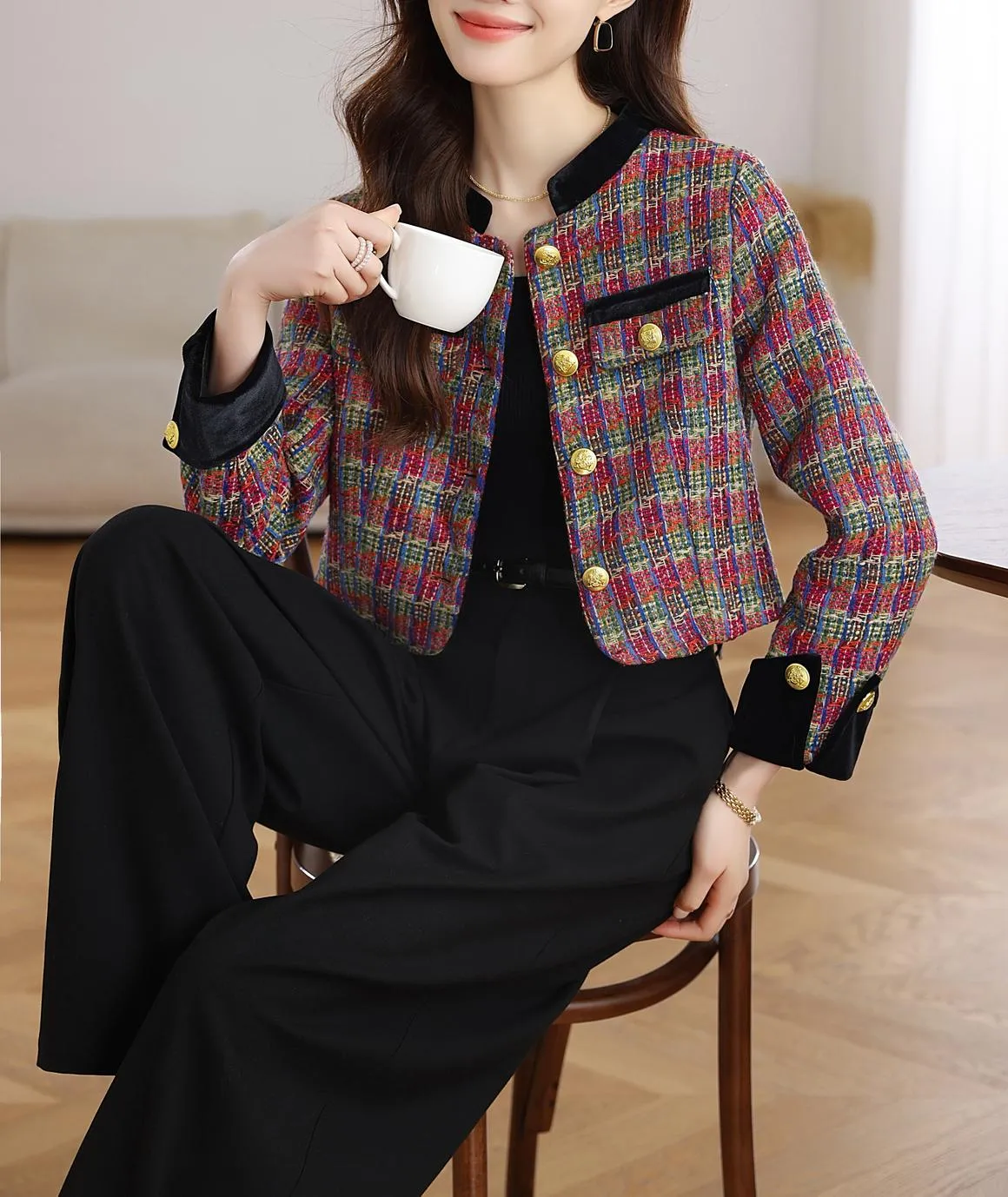 Stylish Velvet Blazer with Patch Pocket and Metal Buttons