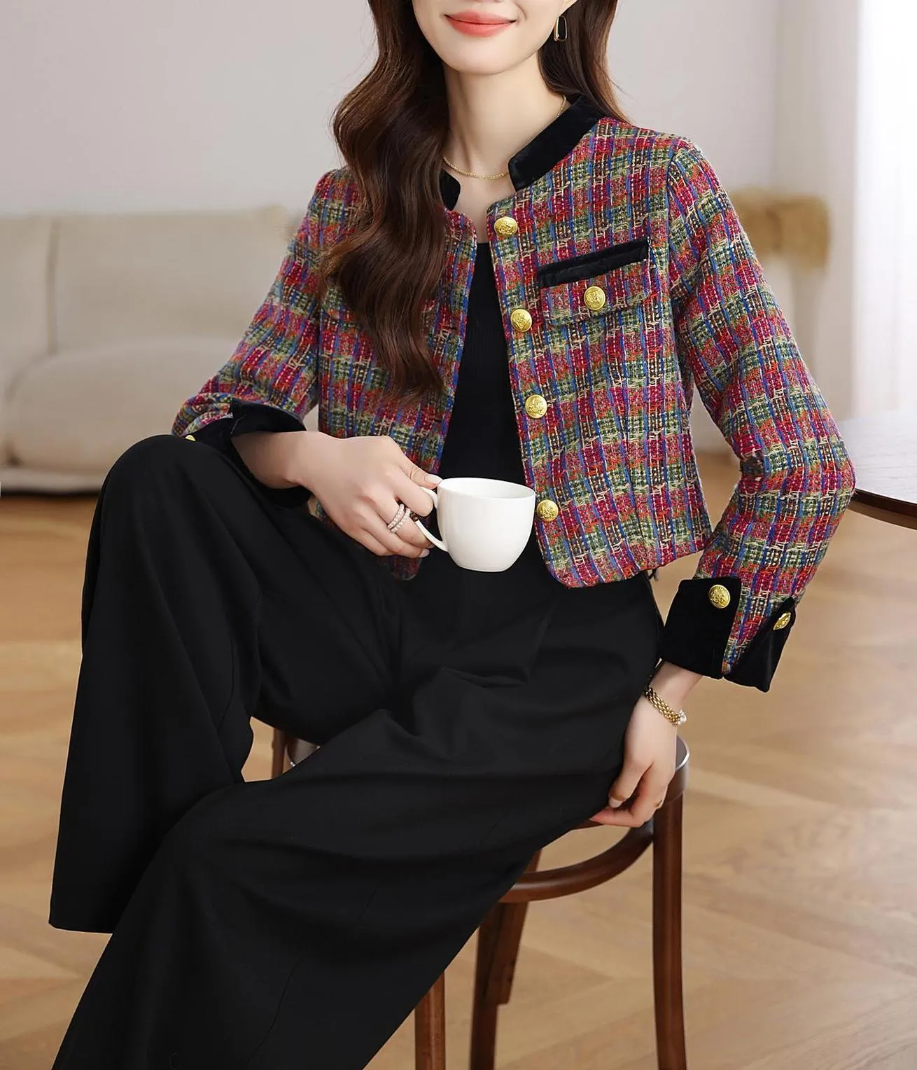 Stylish Velvet Blazer with Patch Pocket and Metal Buttons