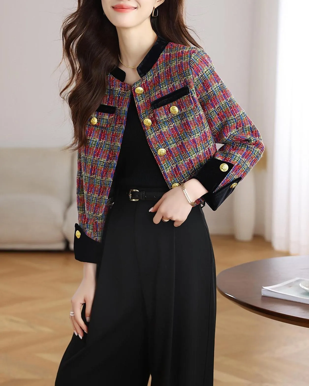 Stylish Velvet Blazer with Patch Pocket and Metal Buttons