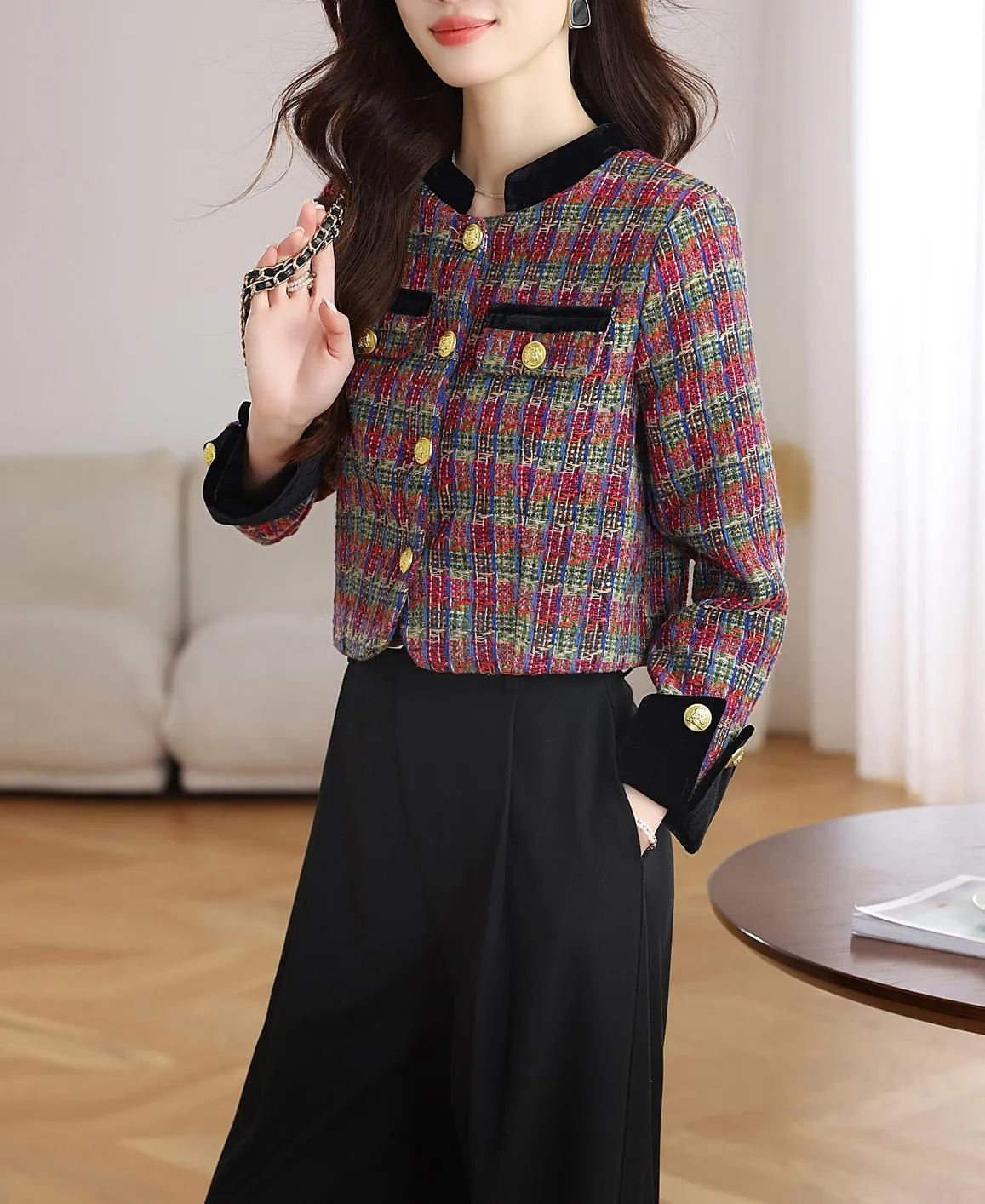 Stylish Velvet Blazer with Patch Pocket and Metal Buttons