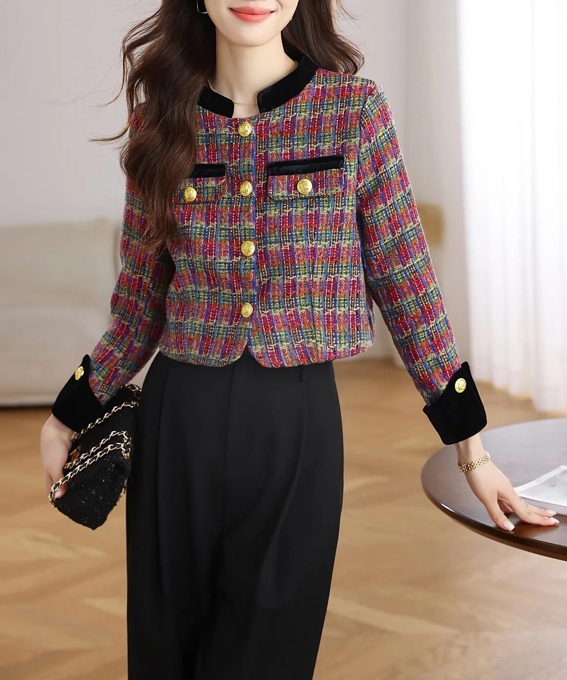Stylish Velvet Blazer with Patch Pocket and Metal Buttons
