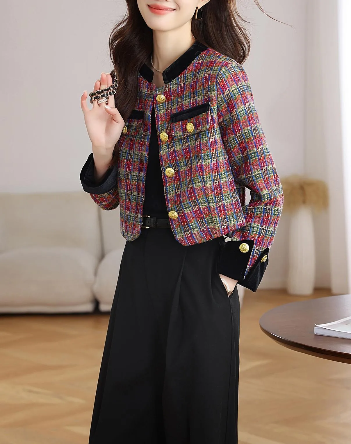 Stylish Velvet Blazer with Patch Pocket and Metal Buttons