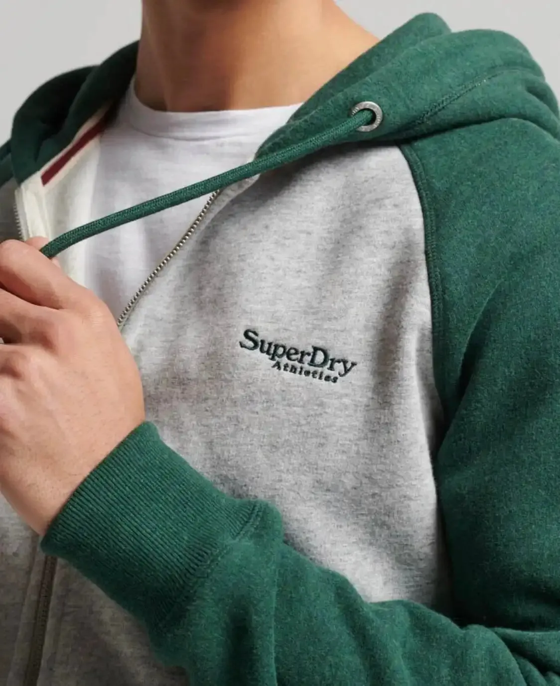 Superdry Mens Essential Zip Baseball Hoodie Athletic Grey/Campus Green Marl