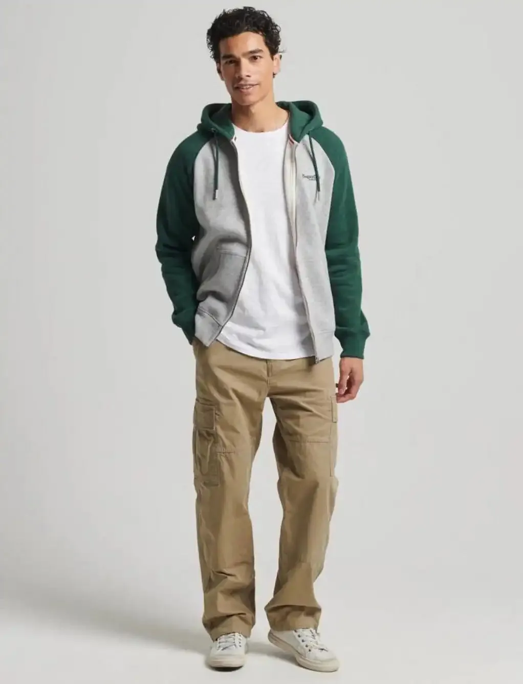 Superdry Mens Essential Zip Baseball Hoodie Athletic Grey/Campus Green Marl