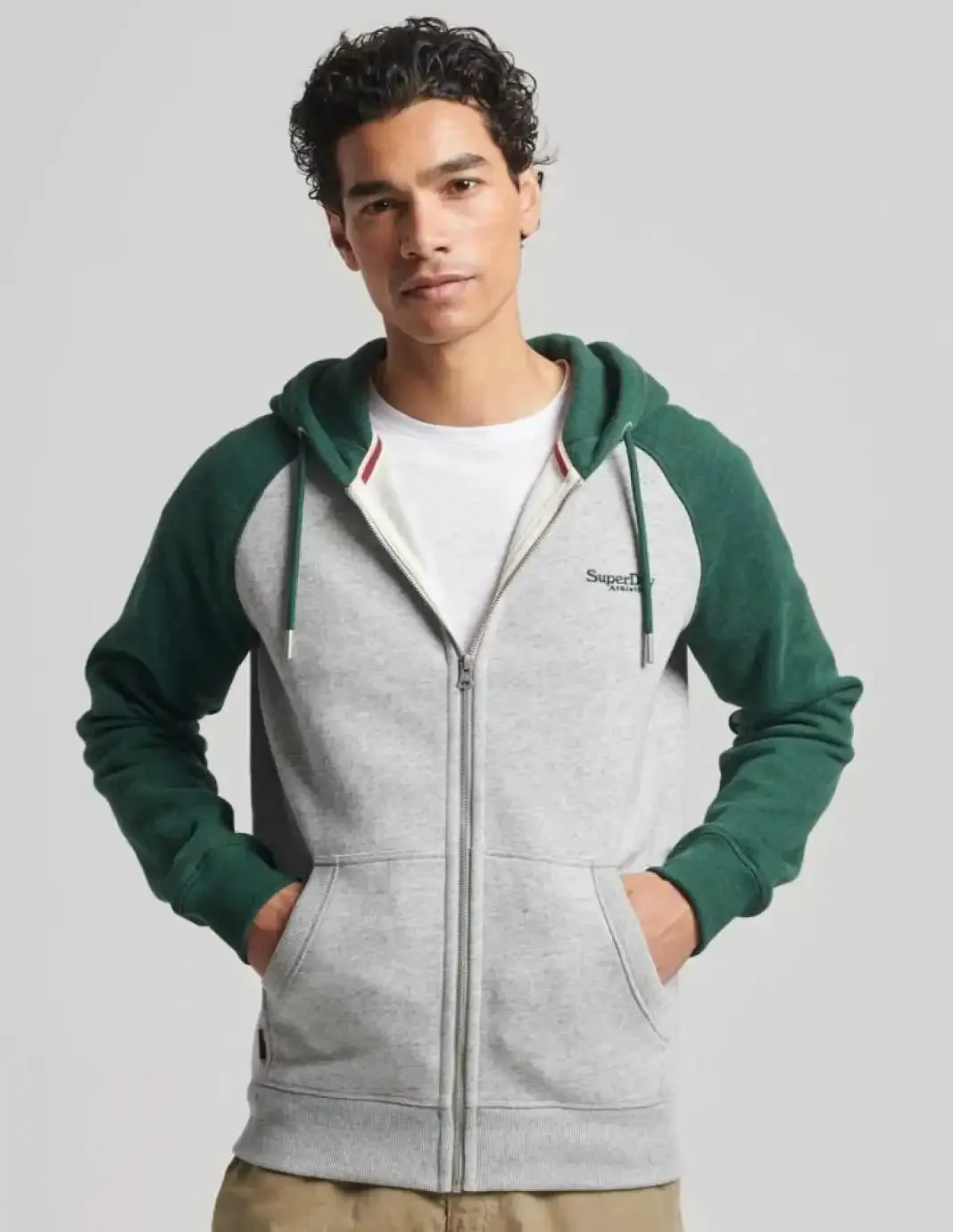 Superdry Mens Essential Zip Baseball Hoodie Athletic Grey/Campus Green Marl