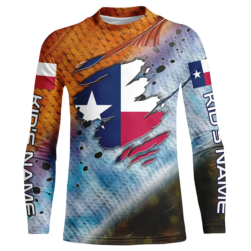 Texas slam redfish trout flounder scales Texas flag Custom patriotic fishing Kid long sleeve shirts NQS6813