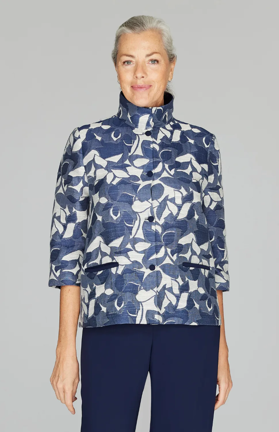 Tonal Floral Jacquard Short Button Front Jacket