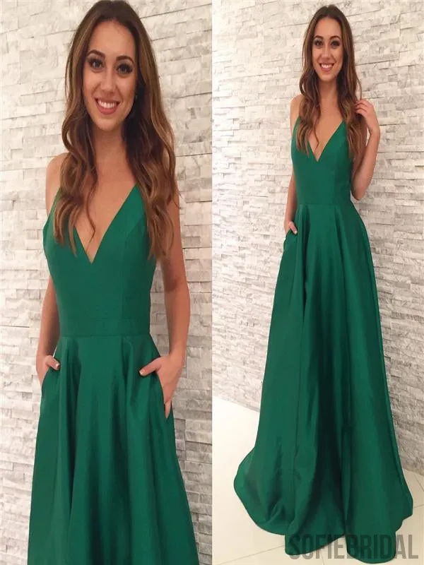 V-neck Green Satin Prom Dresses, A-line Prom Dresses, Long Prom Dresses, Cheap Prom Dresses, PD0601