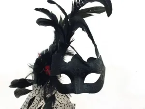 Venetian Mask with Feather Flower Aside - Black