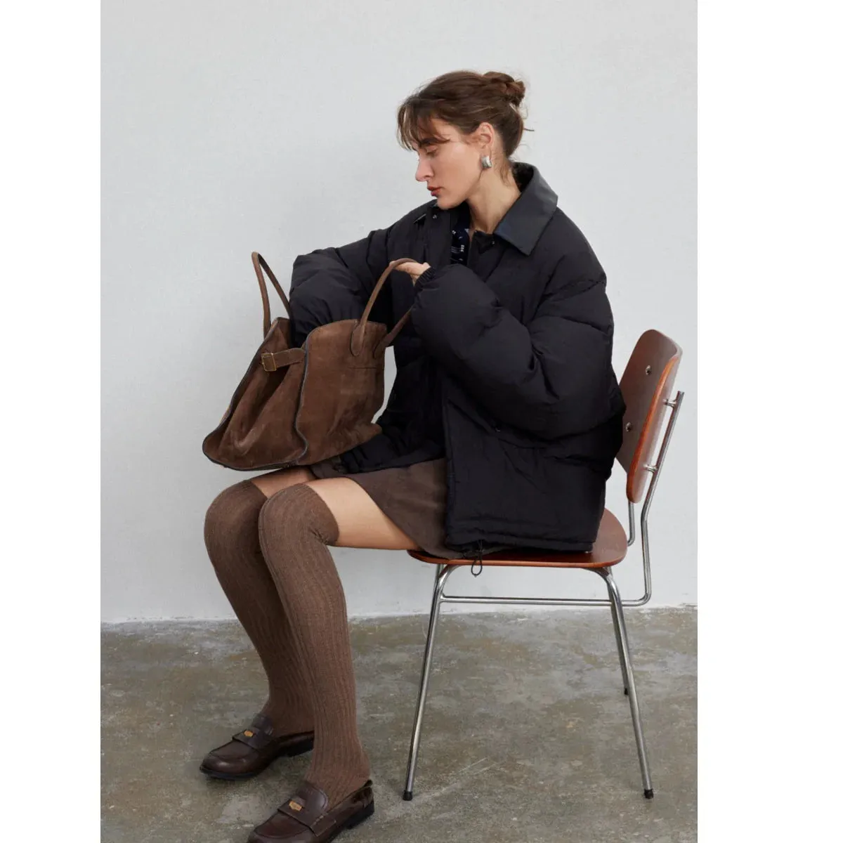 Versatile Leather-Collared Down Jacket