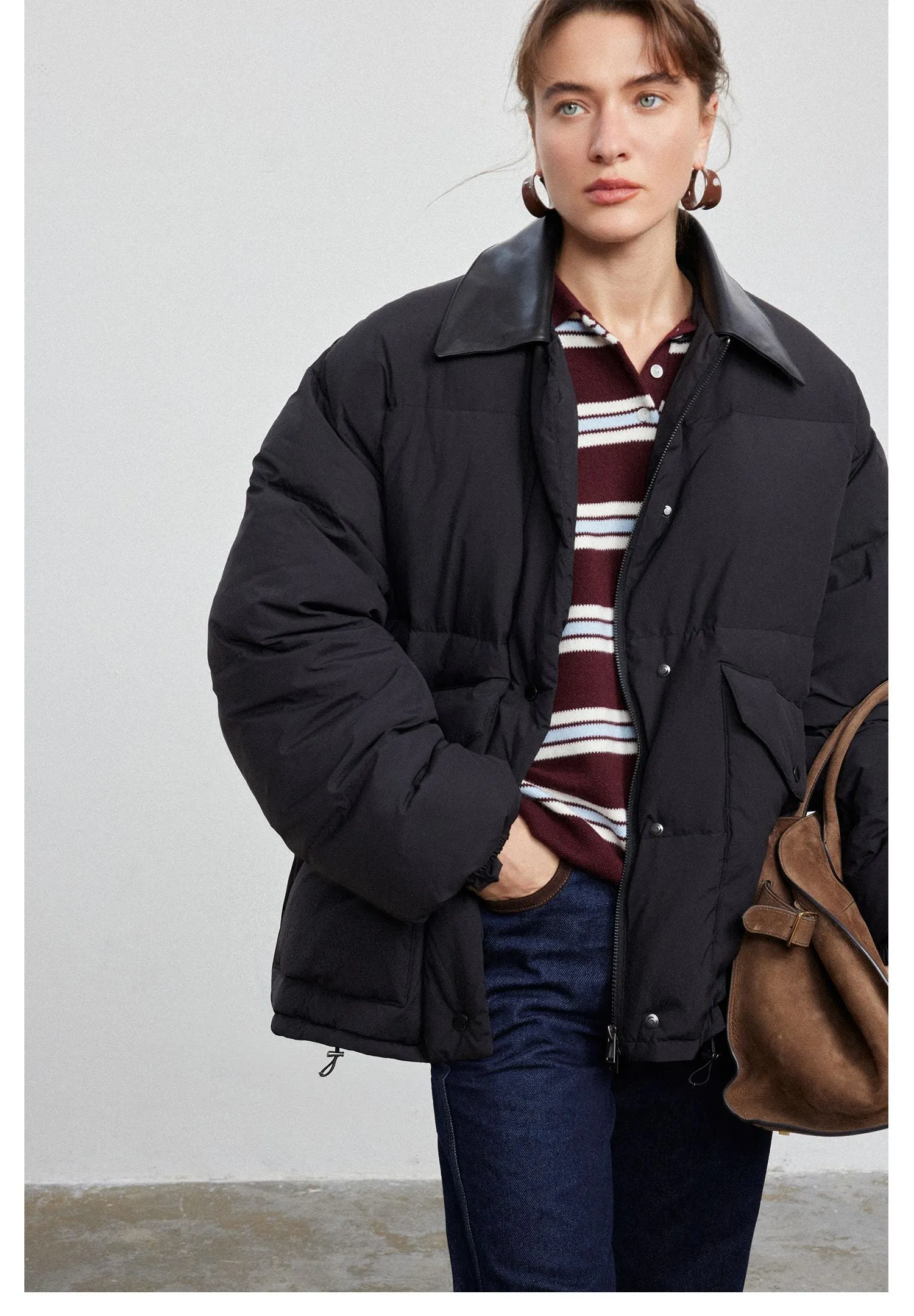 Versatile Leather-Collared Down Jacket