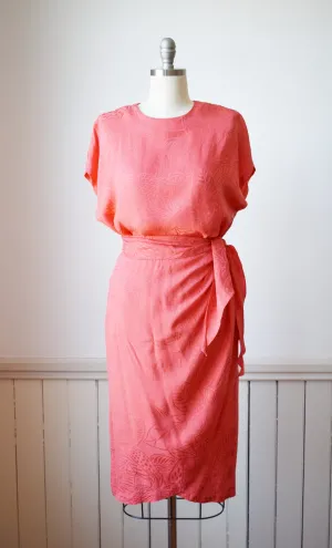 Vintage 90s Coral Silk Jacquard Dress Set | M/L