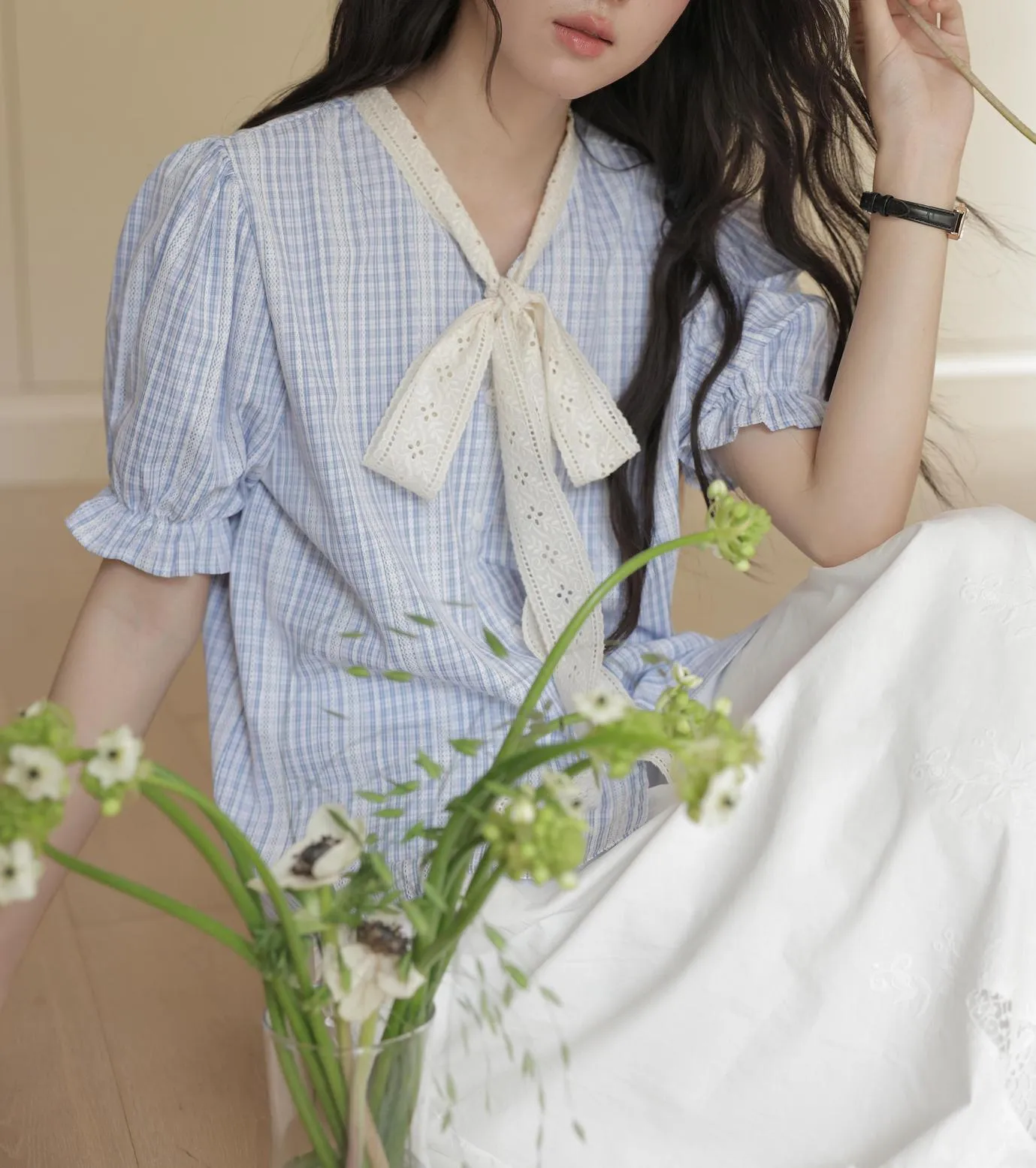 Vintage-inspired French Style Striped Shirt with Ruched Sleeves