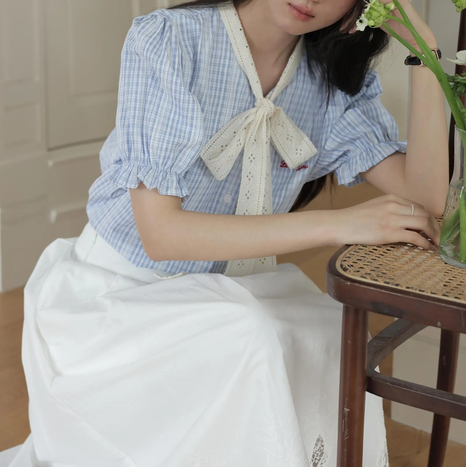 Vintage-inspired French Style Striped Shirt with Ruched Sleeves
