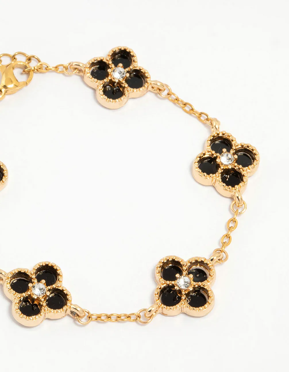 Waterproof Gold Plated Stainless Steel Black Flower Bracelet