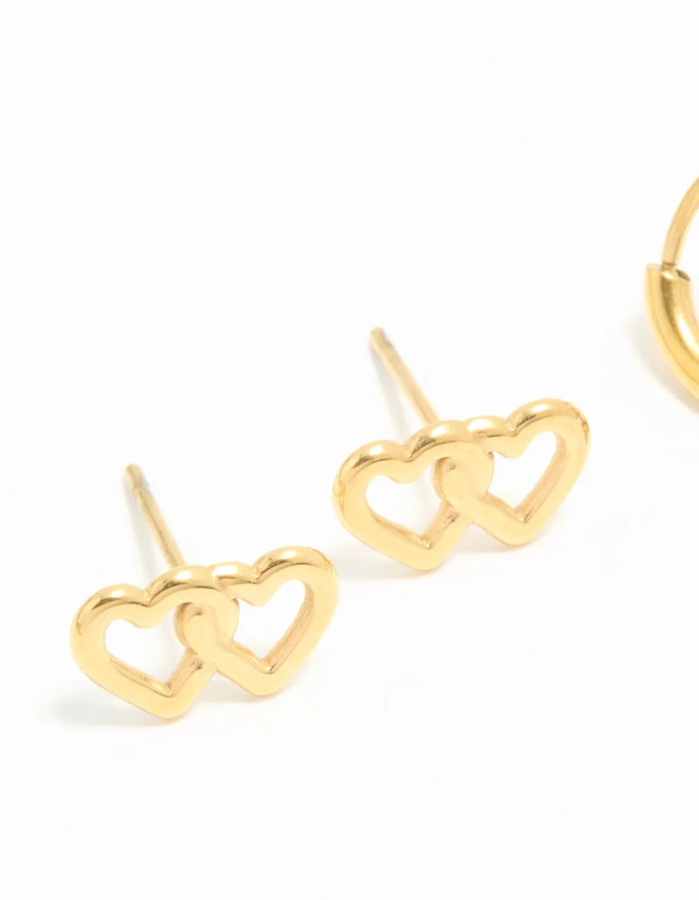 Waterproof Gold Plated Stainless Steel Heart Stud & Huggie Earrings 2-Pack