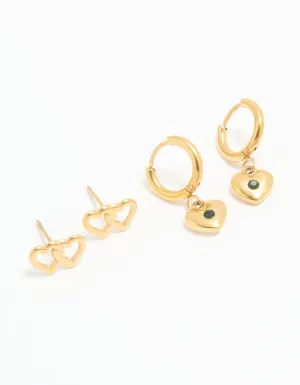 Waterproof Gold Plated Stainless Steel Heart Stud & Huggie Earrings 2-Pack