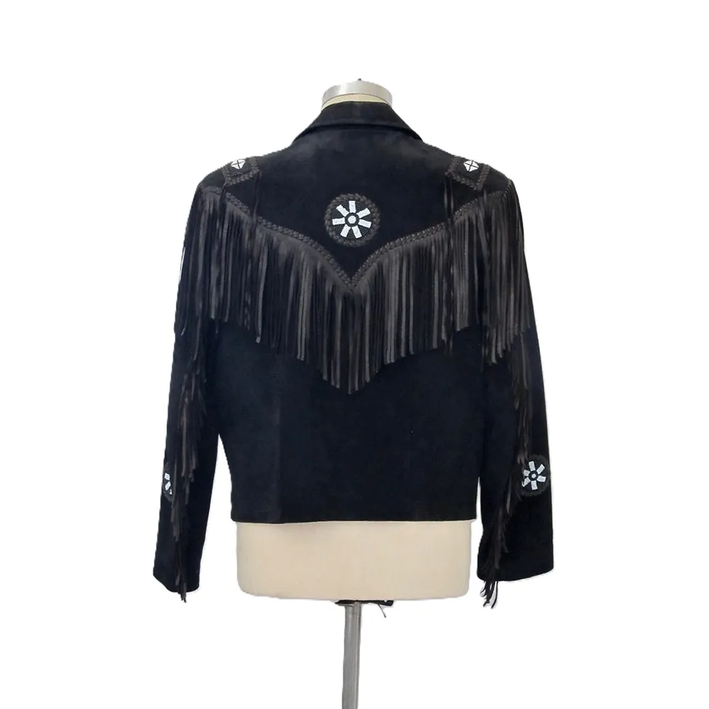 Western Fringe Black Suede Leather Beaded Jacket for Women Cowgirl WFJ715