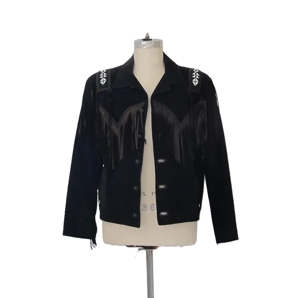 Western Fringe Black Suede Leather Beaded Jacket for Women Cowgirl WFJ715