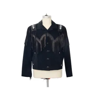 Western Fringe Black Suede Leather Beaded Jacket for Women Cowgirl WFJ715