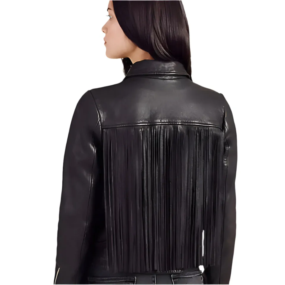 Western Long Fringe Black Leather Jacket for Women Cowgirl WFJ756