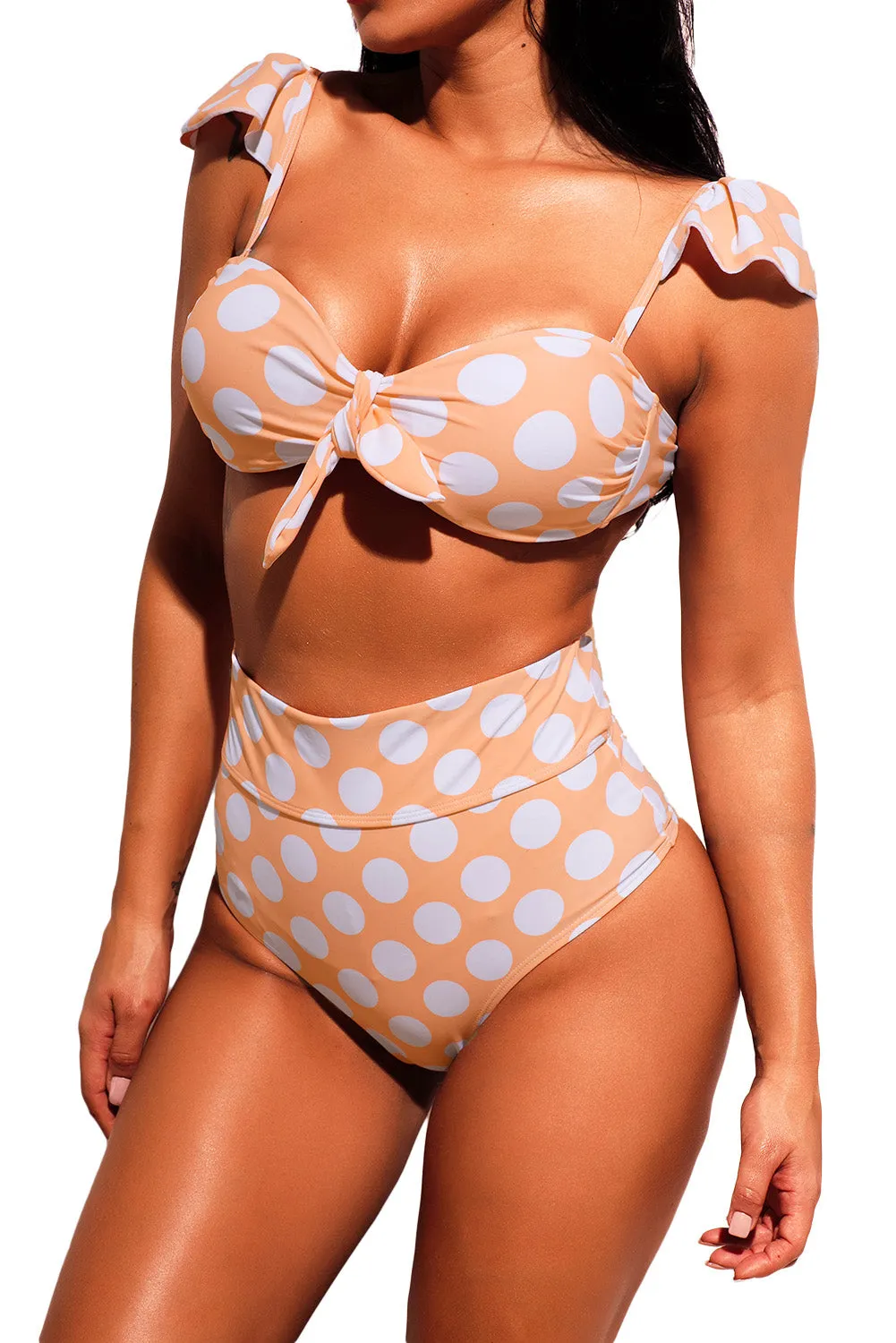 White Polka Dot Versatile Bandeau Bikini High Waist Swimsuit