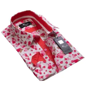 White Red Floral Mens Slim Fit Designer Dress Shirt - tailored Cotton