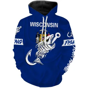 WI Wisconsin Fishing Flag Fish hook skull Custom name performance fishing jerseys | Hoodie - NPQ745