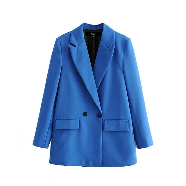 Women Chic Office Lady Double Breasted Blazer Vintage Coat Fashion Notched Collar Long Sleeve Ladies Outerwear Stylish Tops