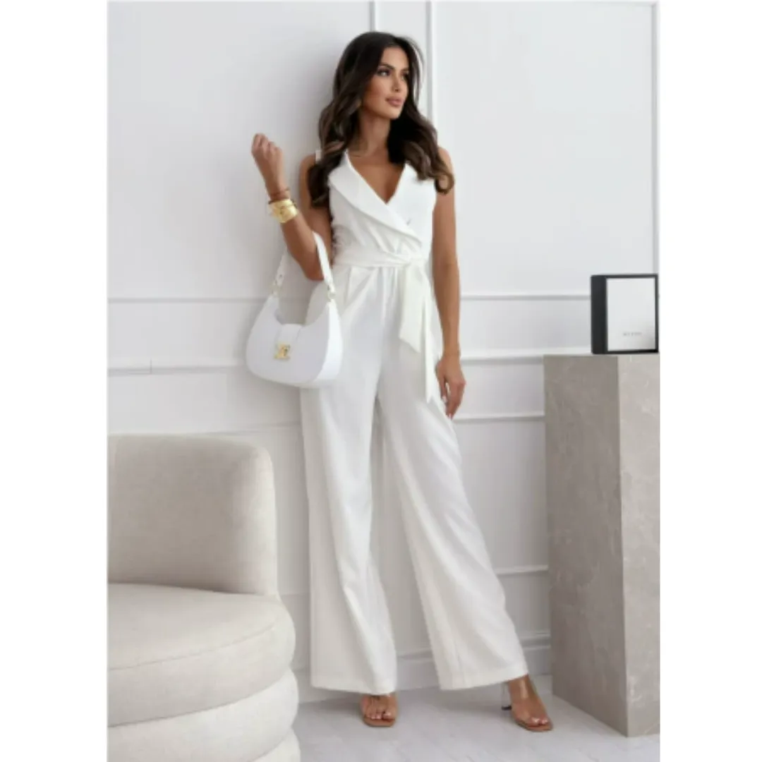 Women's Elegant Sleeveless Wide Leg Jumpsuit | Wrap Waist