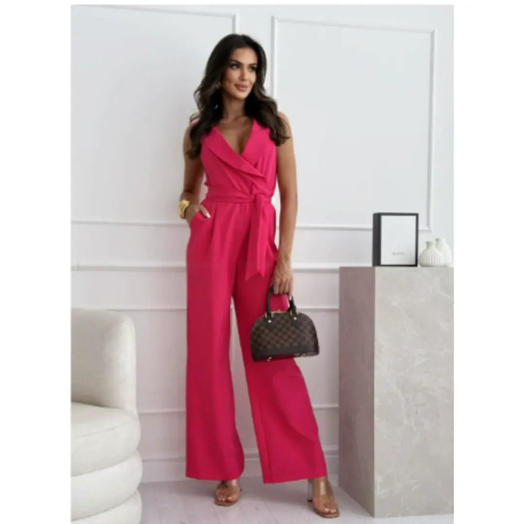 Women's Elegant Sleeveless Wide Leg Jumpsuit | Wrap Waist
