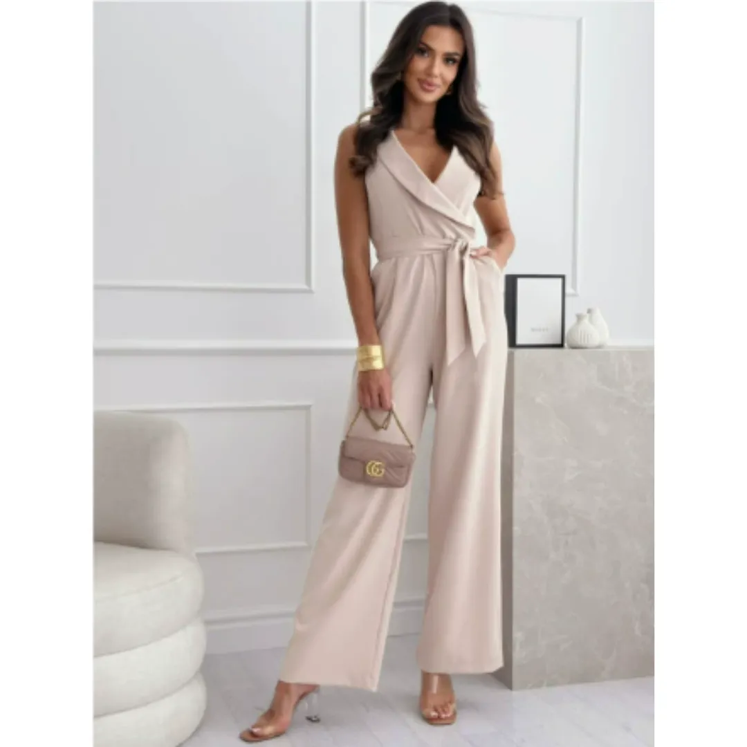 Women's Elegant Sleeveless Wide Leg Jumpsuit | Wrap Waist