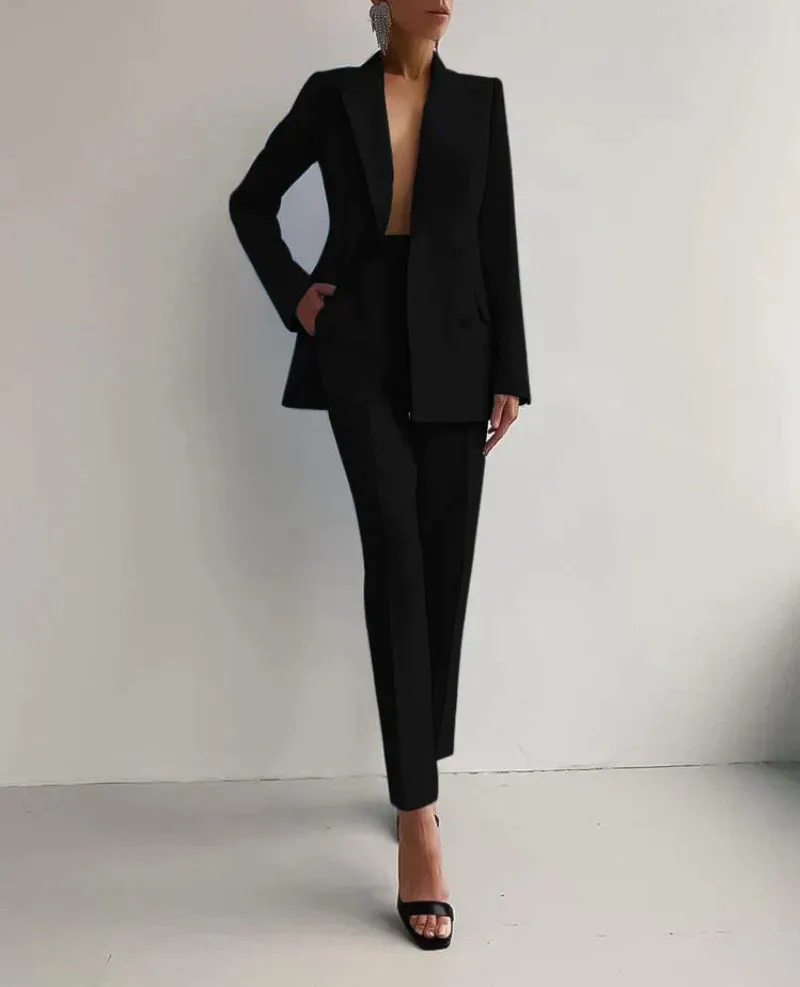 Women's Solid Color Buttoned Pocket Blazer and Trouser Set | For Everyday Wear