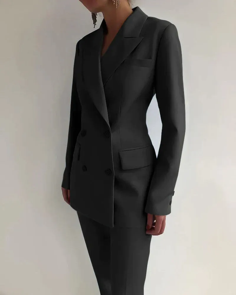 Women's Solid Color Buttoned Pocket Blazer and Trouser Set | For Everyday Wear