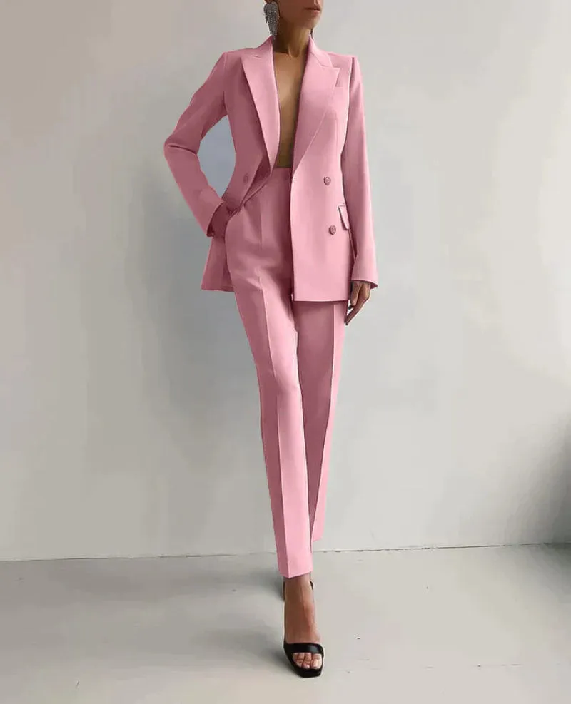 Women's Solid Color Buttoned Pocket Blazer and Trouser Set | For Everyday Wear