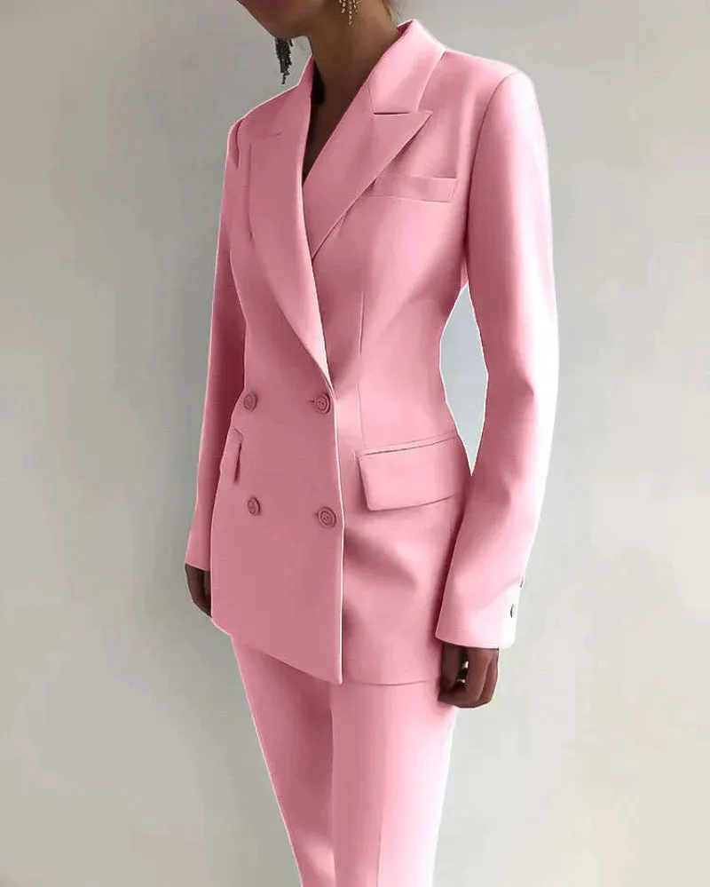 Women's Solid Color Buttoned Pocket Blazer and Trouser Set | For Everyday Wear